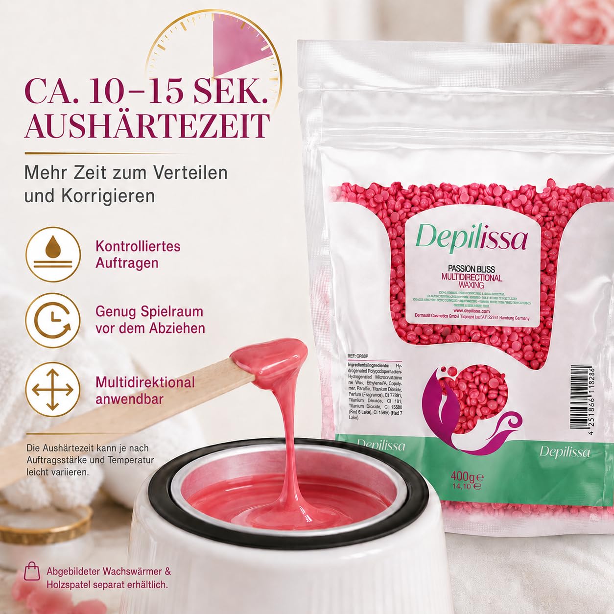 Depilissa Perles de cire Passion Bliss 400 g – Cire chaude professionnelle sans bandes pour hommes & femmes – Visage, bikini & corps