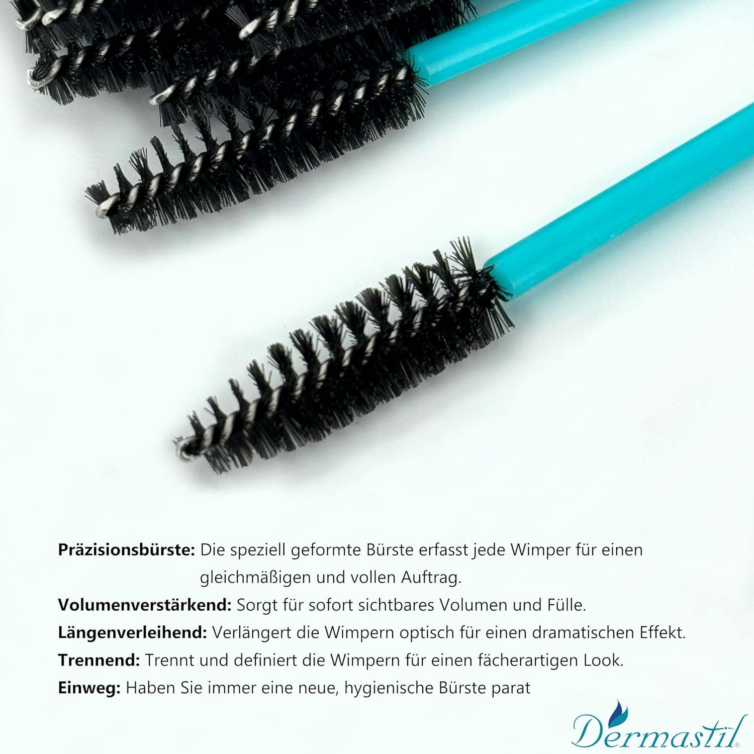 Dermastil 100 brosses à cils turquoise jetables – Brossettes mascara professionnelles pour extensions de cils, lash lifting & sourcils
