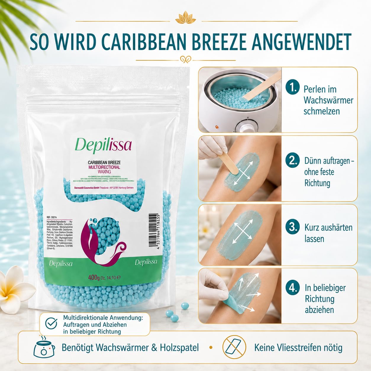 Depilissa – Perlas de Cera Depilatoria Caribbean Breeze – 400 g – Cera Caliente Profesional Sin Bandas – Depilación para Rostro – Bikini – Cuerpo