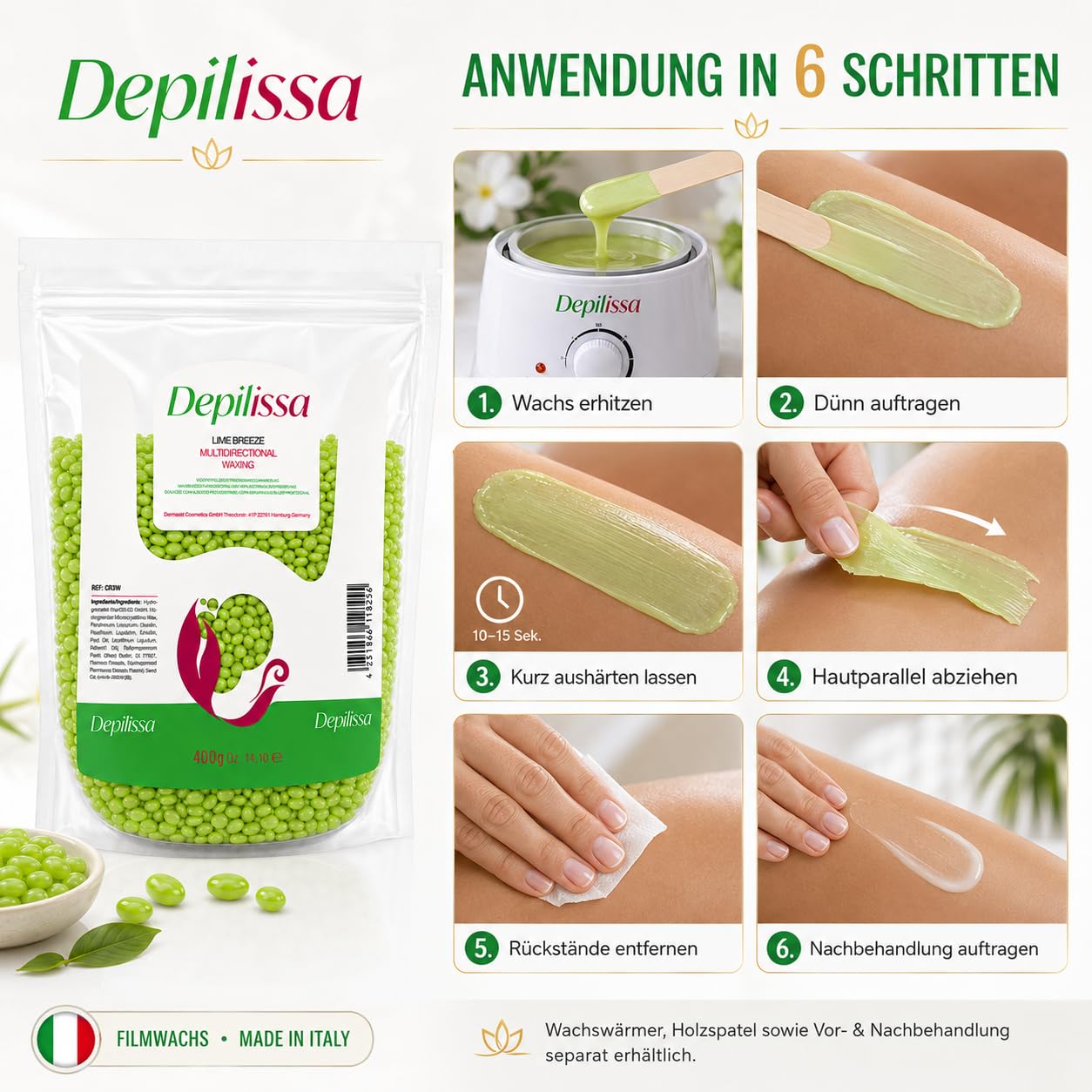 Depilissa – Perlas de Cera Depilatoria Lime Breeze – 400 g – Cera Caliente Profesional Sin Bandas – Depilación para Rostro – Bikini – Cuerpo