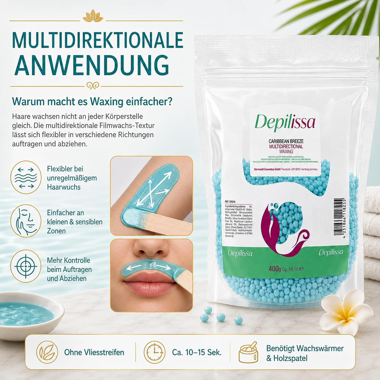 Depilissa – Perlas de Cera Depilatoria Caribbean Breeze – 400 g – Cera Caliente Profesional Sin Bandas – Depilación para Rostro – Bikini – Cuerpo