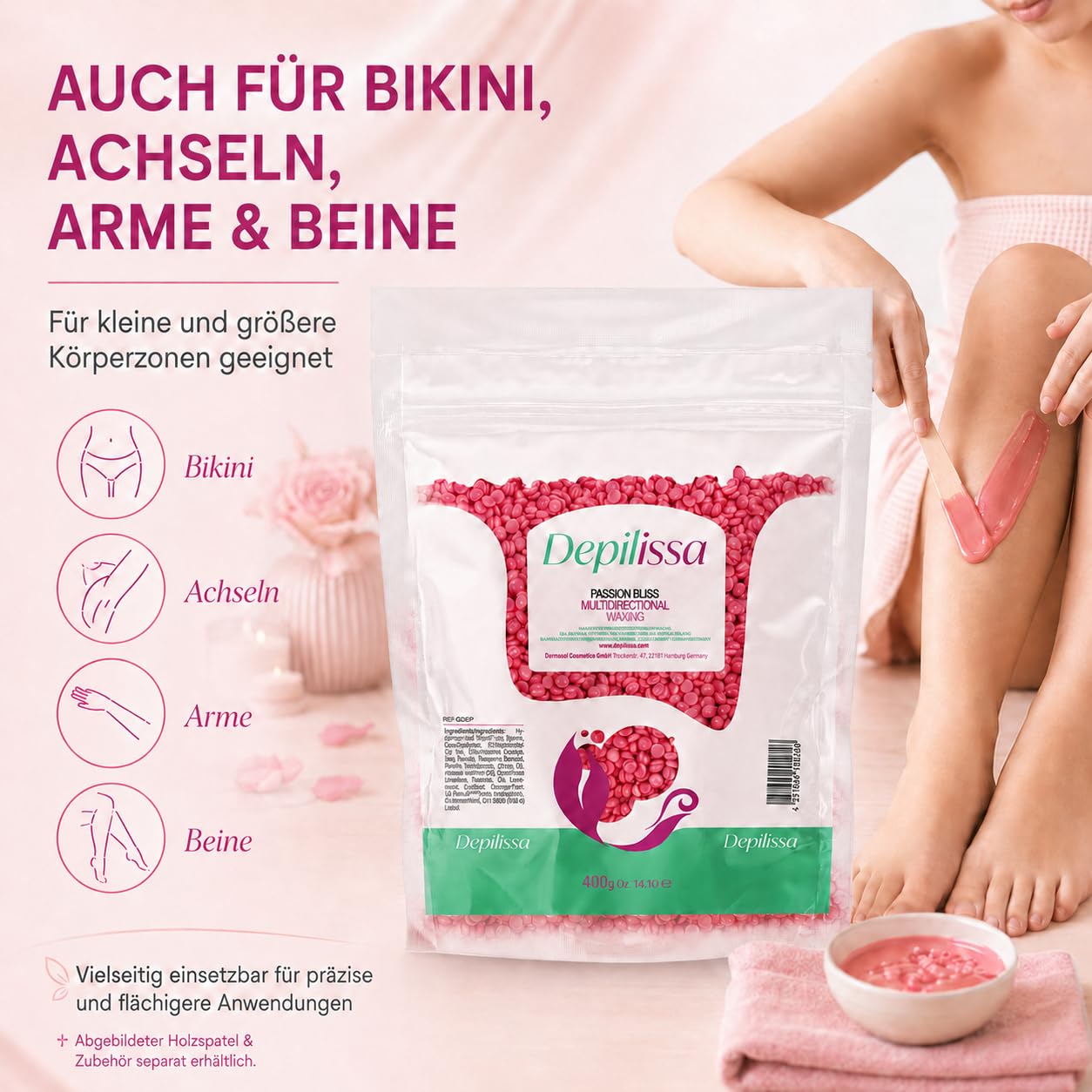 Depilissa Perles de cire Passion Bliss 400 g – Cire chaude professionnelle sans bandes pour hommes & femmes – Visage, bikini & corps