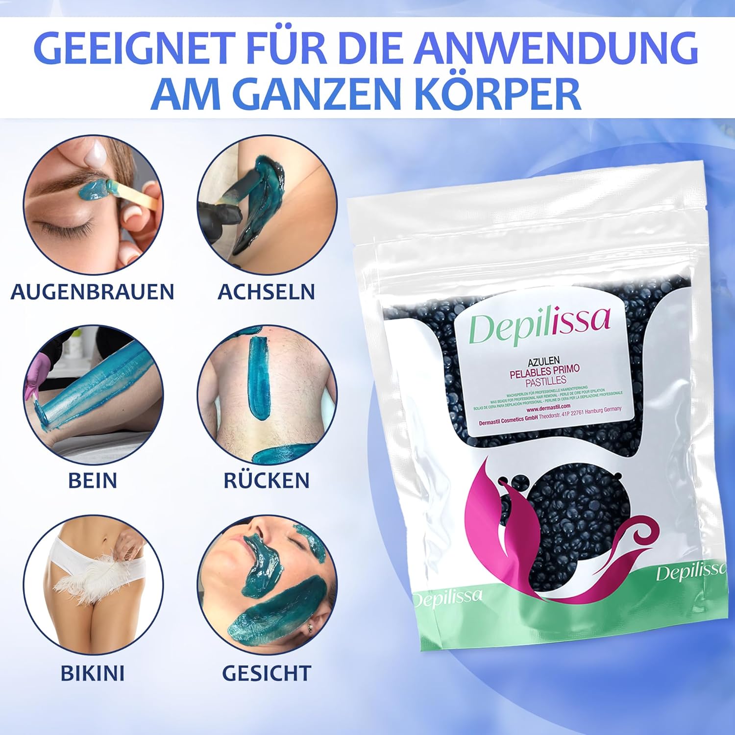Depilissa – Perlas de Cera Depilatoria Azulene – 400 g – Cera Caliente Sin Bandas – Depilación Suave para Rostro – Cuerpo – Bikini