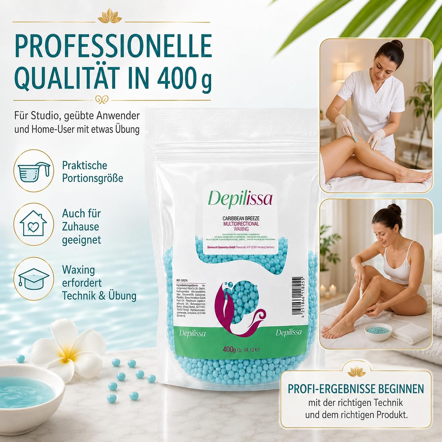 Depilissa – Perlas de Cera Depilatoria Caribbean Breeze – 400 g – Cera Caliente Profesional Sin Bandas – Depilación para Rostro – Bikini – Cuerpo