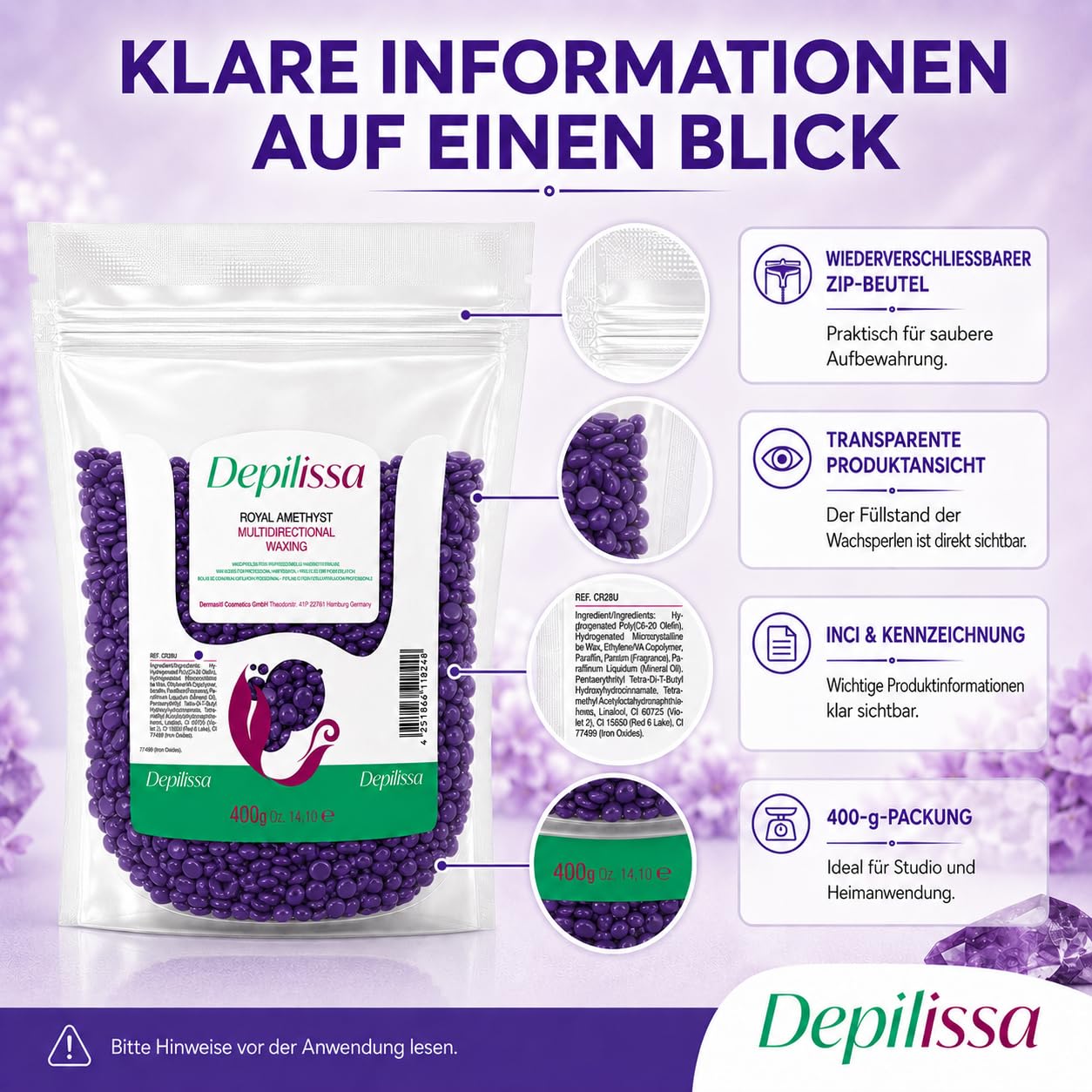 Depilissa – Perlas de Cera Depilatoria Royal Amethyst – 400 g – Cera Caliente Profesional Sin Bandas – Depilación para Rostro – Bikini – Cuerpo