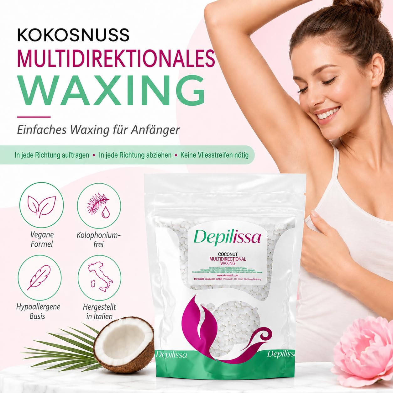 Depilissa – Perlas de Cera Depilatoria Coconut – 400 g – Cera Caliente Vegana Hipoalergénica – Depilación Multidireccional Sin Bandas – Rostro – Bikini – Zona Íntima
