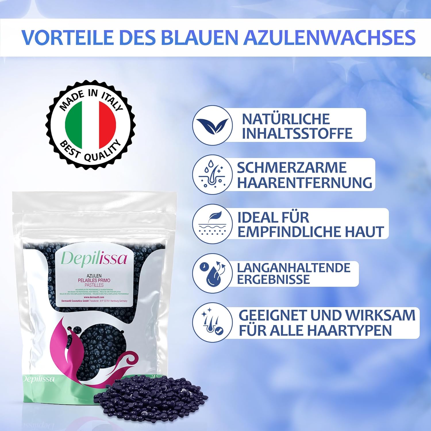 Depilissa – Perlas de Cera Depilatoria Azulene – 400 g – Cera Caliente Sin Bandas – Depilación Suave para Rostro – Cuerpo – Bikini