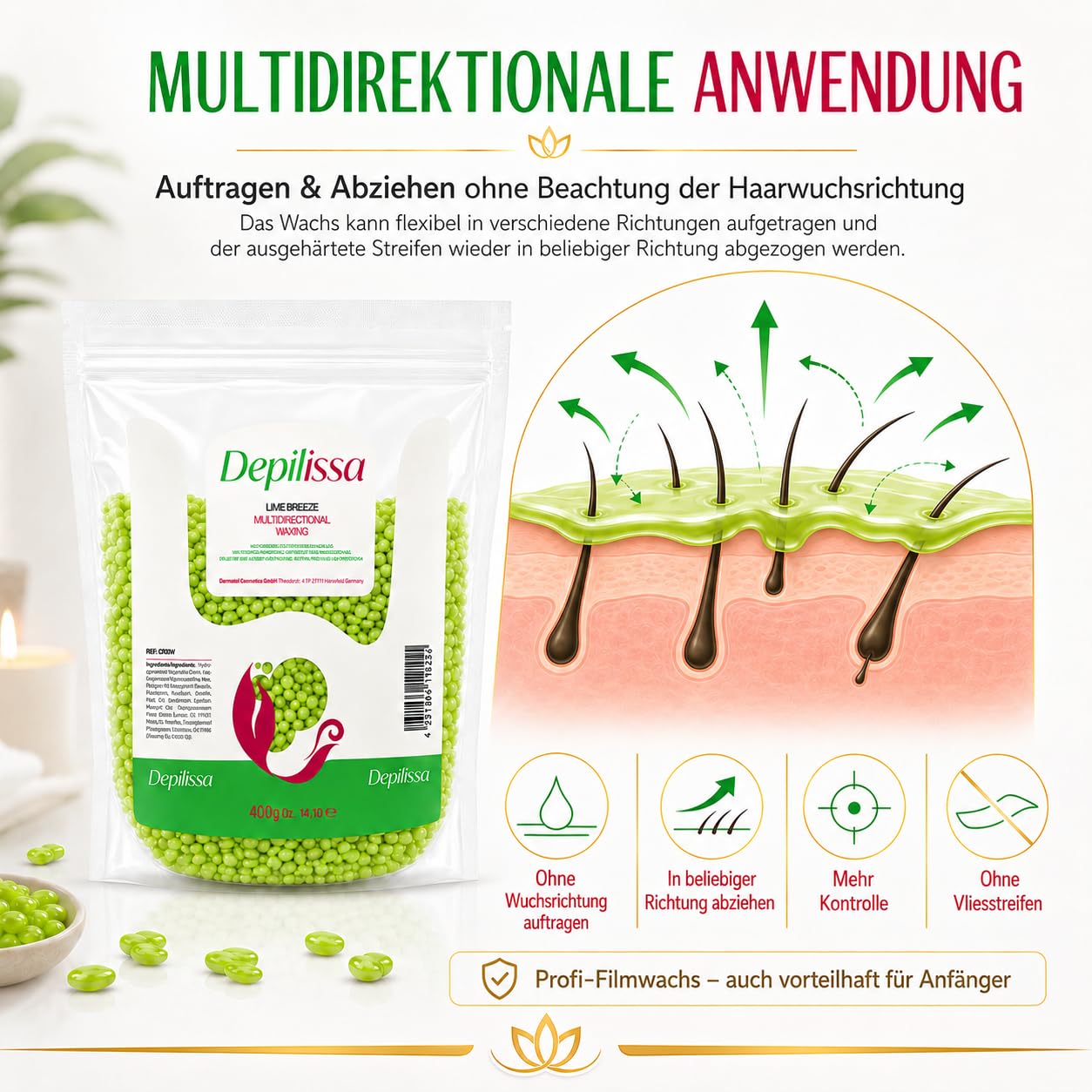 Depilissa – Perlas de Cera Depilatoria Lime Breeze – 400 g – Cera Caliente Profesional Sin Bandas – Depilación para Rostro – Bikini – Cuerpo