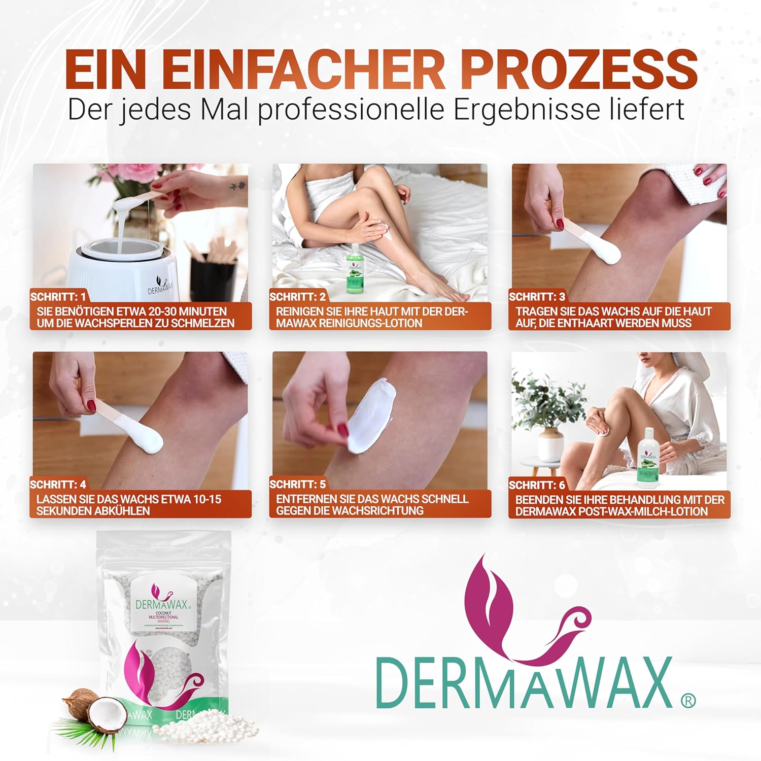 Dermawax Kokosnuss Wachsperlen – Hypoallergenes Stripless Heißwachs für Haarentfernung – Multidirektionales Waxing für Männer & Frauen – Für Gesicht, Bikini & Intimbereich