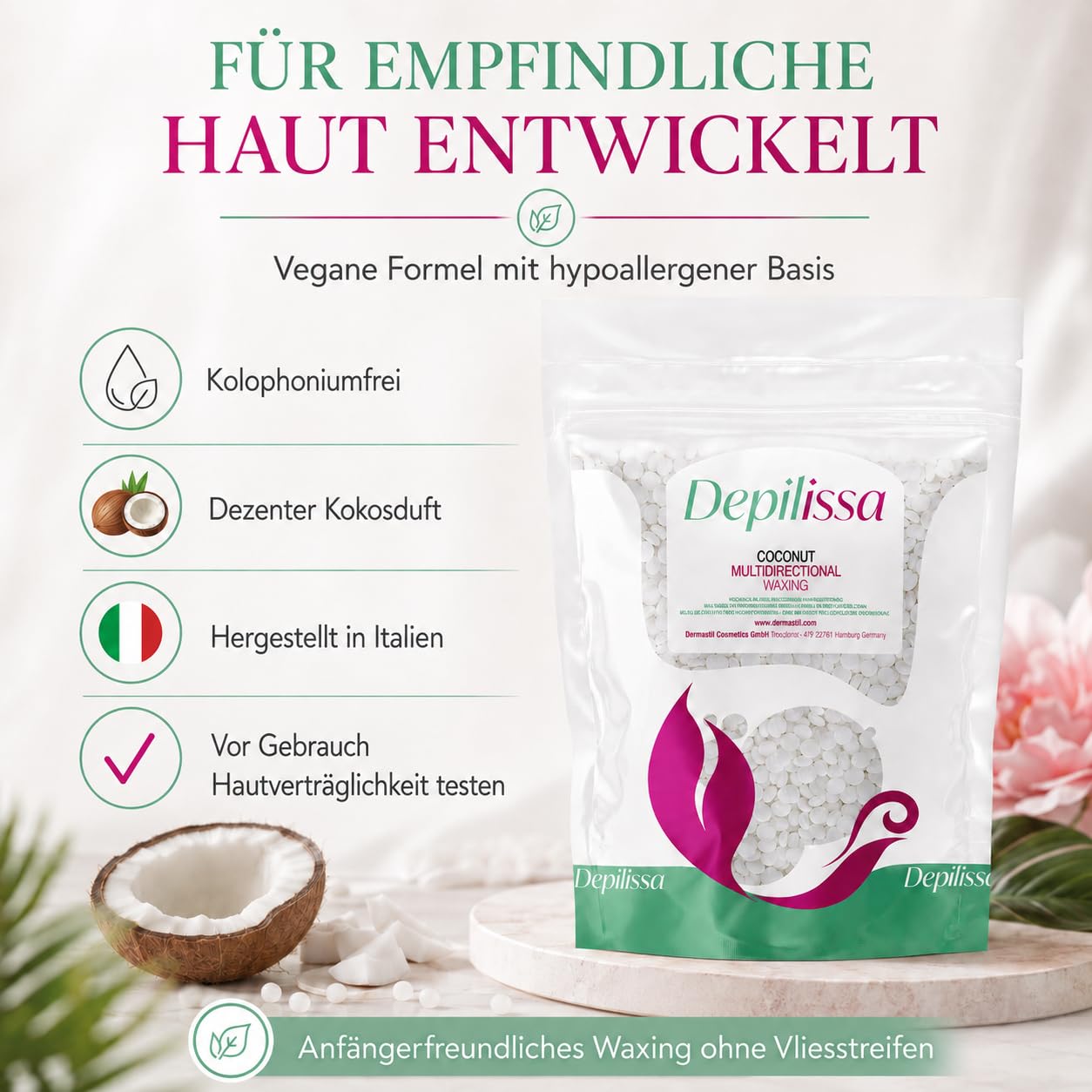 Depilissa – Perlas de Cera Depilatoria Coconut – 400 g – Cera Caliente Vegana Hipoalergénica – Depilación Multidireccional Sin Bandas – Rostro – Bikini – Zona Íntima