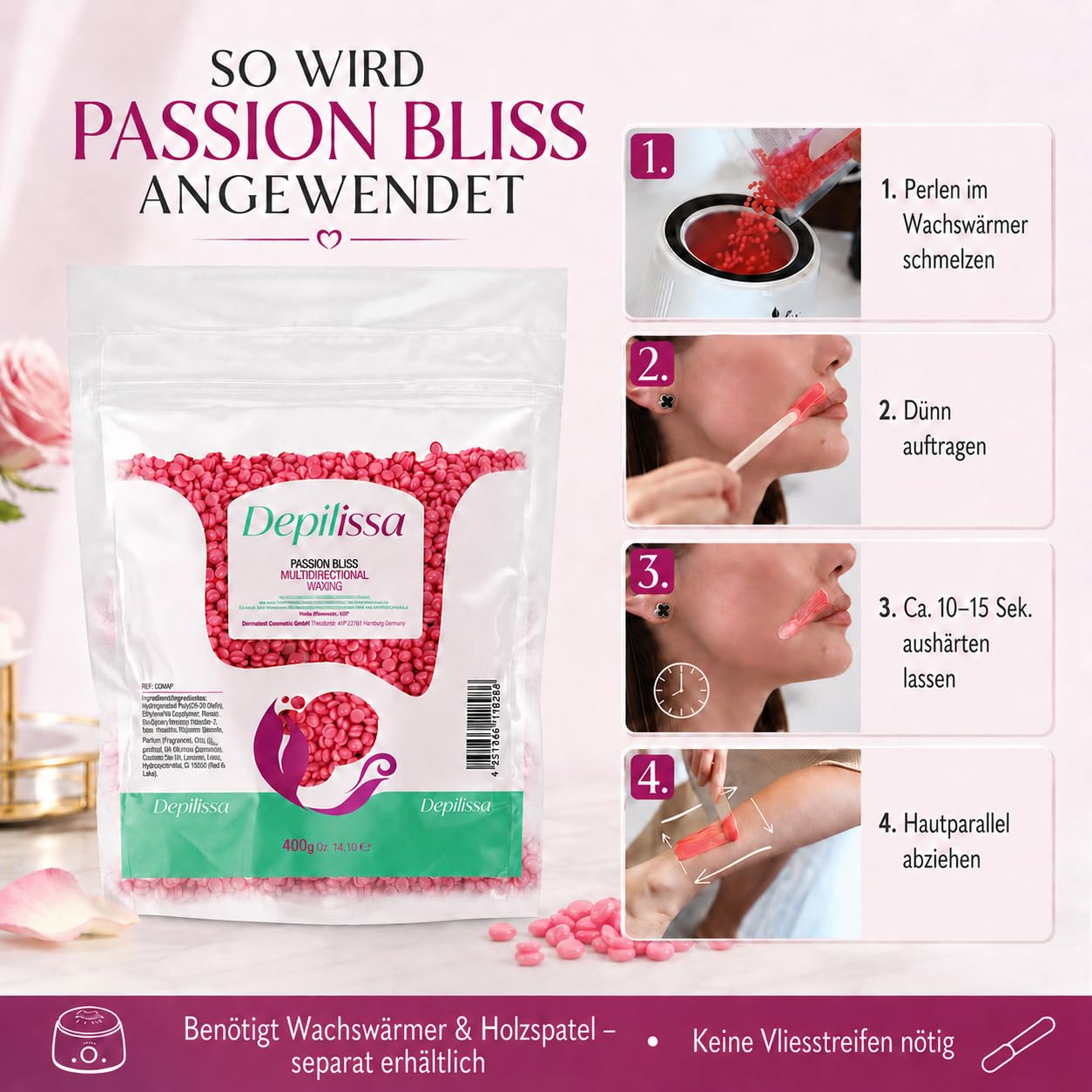 Depilissa Perles de cire Passion Bliss 400 g – Cire chaude professionnelle sans bandes pour hommes & femmes – Visage, bikini & corps