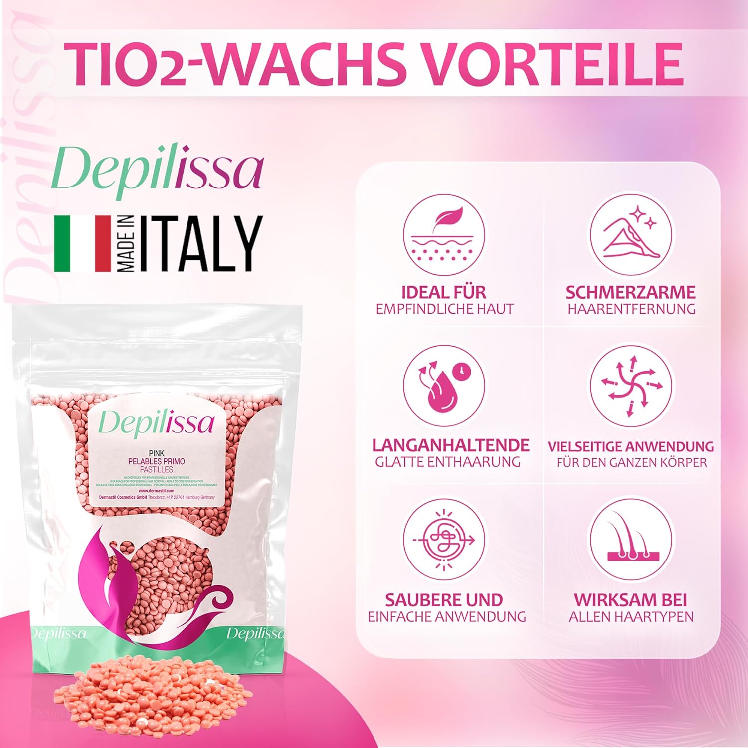 Depilissa – Perlas de Cera Depilatoria Pink – 400 g – Cera Caliente Profesional TIO2 – Depilación Sin Bandas – Rostro – Cuerpo – Bikini