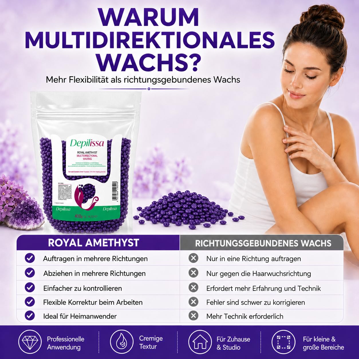 Depilissa – Perlas de Cera Depilatoria Royal Amethyst – 400 g – Cera Caliente Profesional Sin Bandas – Depilación para Rostro – Bikini – Cuerpo