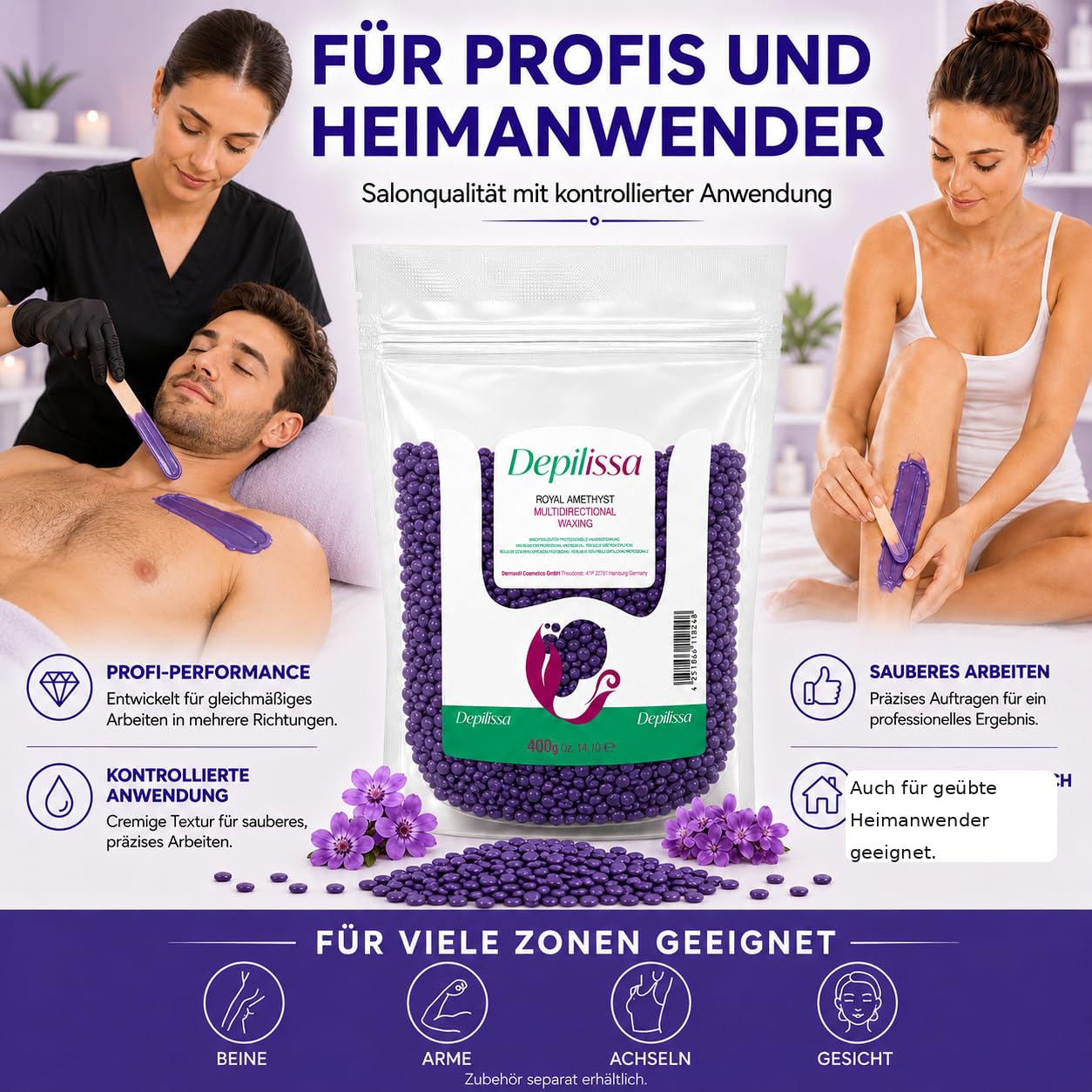 Depilissa – Perlas de Cera Depilatoria Royal Amethyst – 400 g – Cera Caliente Profesional Sin Bandas – Depilación para Rostro – Bikini – Cuerpo