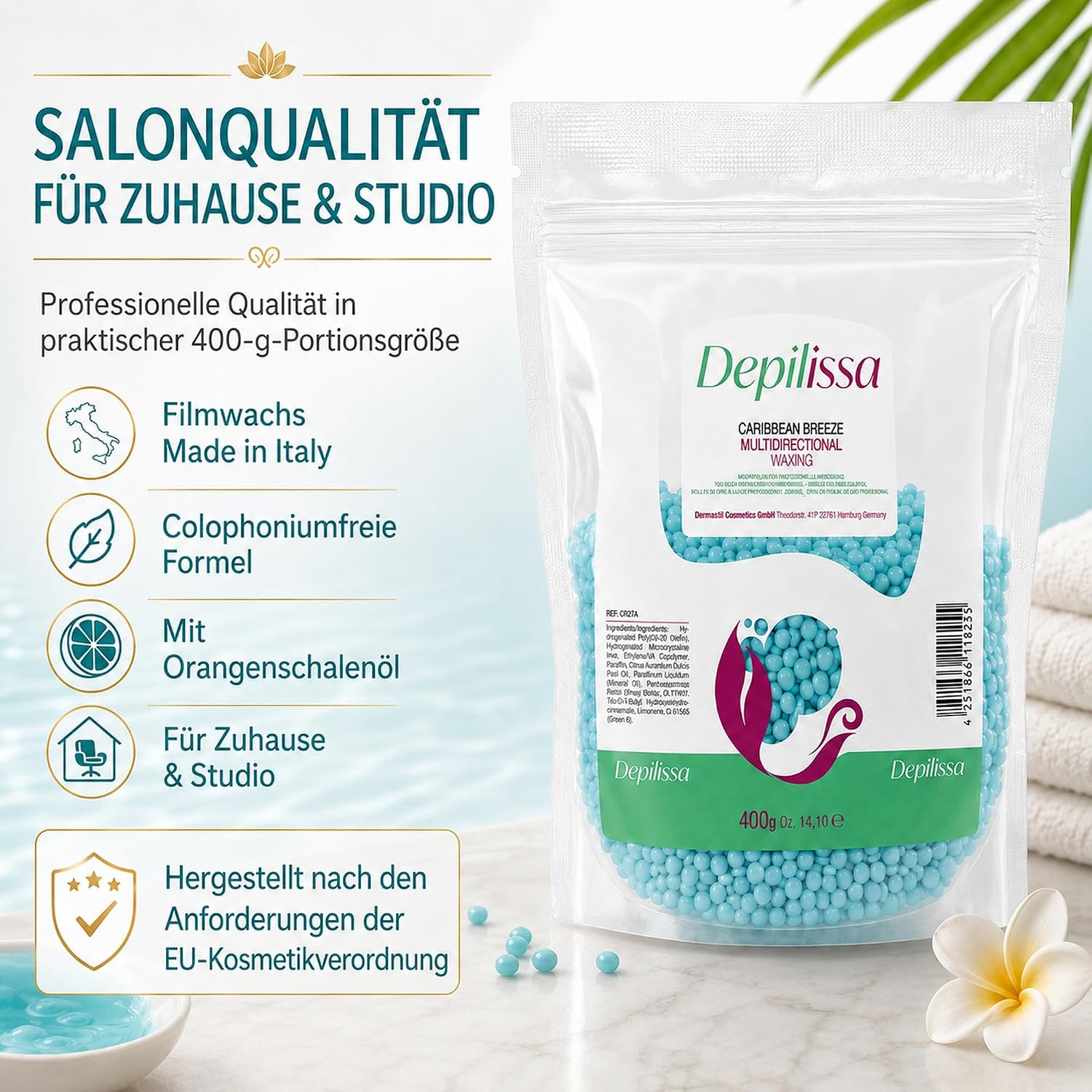 Depilissa – Perlas de Cera Depilatoria Caribbean Breeze – 400 g – Cera Caliente Profesional Sin Bandas – Depilación para Rostro – Bikini – Cuerpo