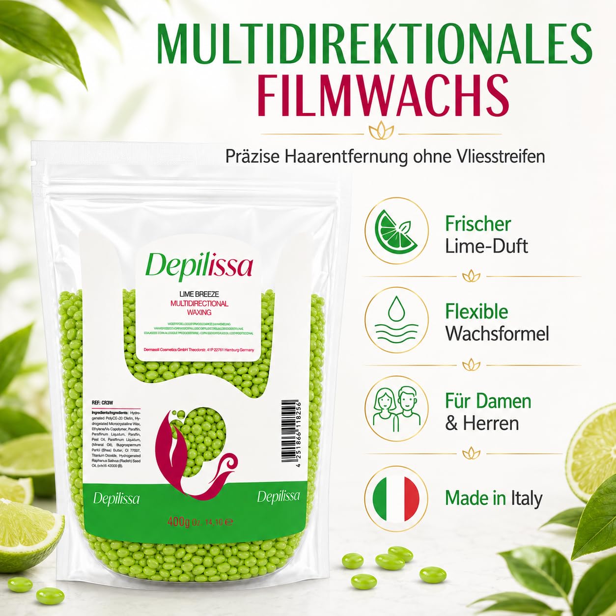 Depilissa – Perlas de Cera Depilatoria Lime Breeze – 400 g – Cera Caliente Profesional Sin Bandas – Depilación para Rostro – Bikini – Cuerpo