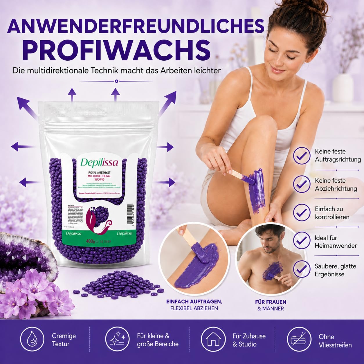 Depilissa – Perlas de Cera Depilatoria Royal Amethyst – 400 g – Cera Caliente Profesional Sin Bandas – Depilación para Rostro – Bikini – Cuerpo