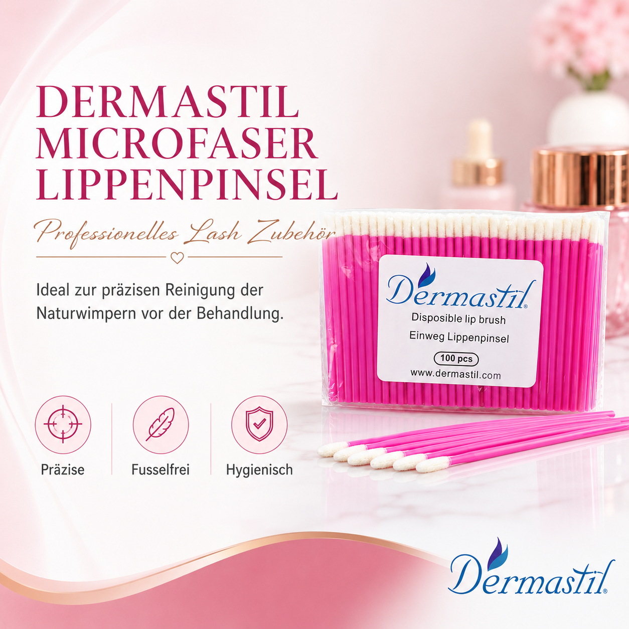 Dermastil – Microfaser Lippenpinsel Reinigungsstäbchen Pink 100 Stück – Fusselfrei für Wimpernverlängerung – Lash Cleanser und Primer Applikator