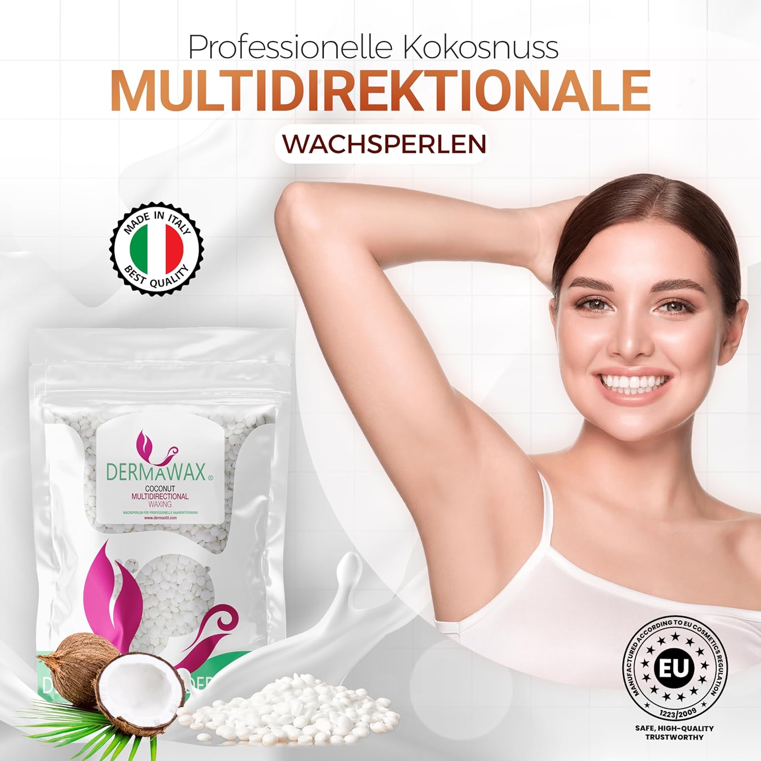 Dermawax Kokosnuss Wachsperlen – Hypoallergenes Stripless Heißwachs für Haarentfernung – Multidirektionales Waxing für Männer & Frauen – Für Gesicht, Bikini & Intimbereich