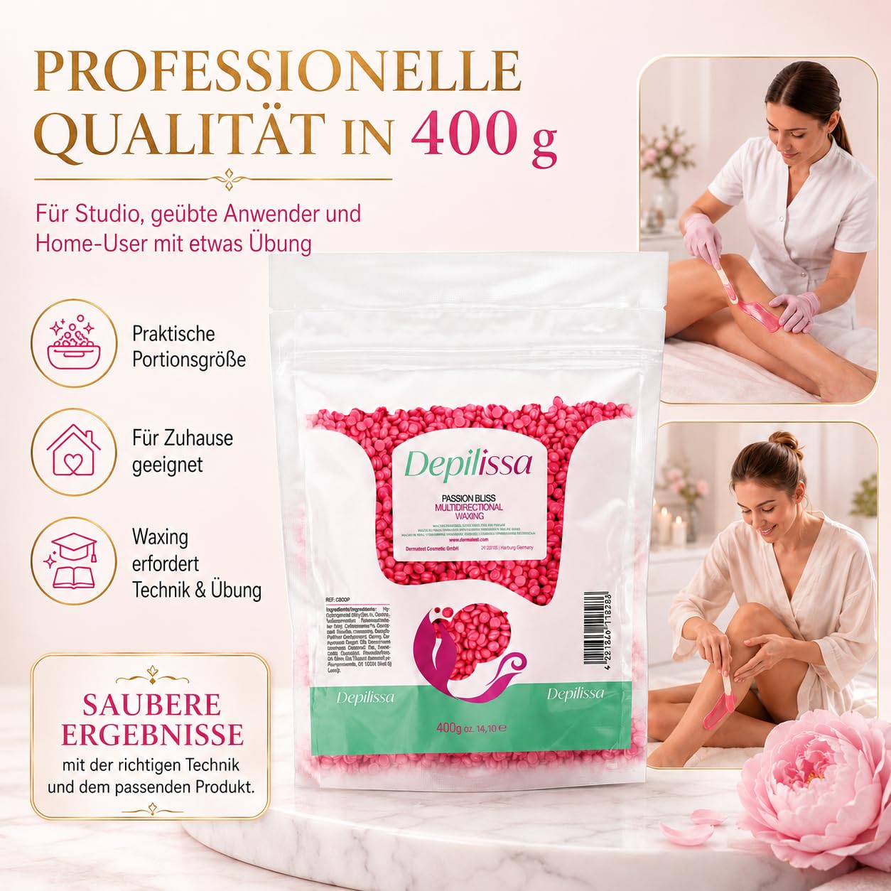 Depilissa Perles de cire Passion Bliss 400 g – Cire chaude professionnelle sans bandes pour hommes & femmes – Visage, bikini & corps