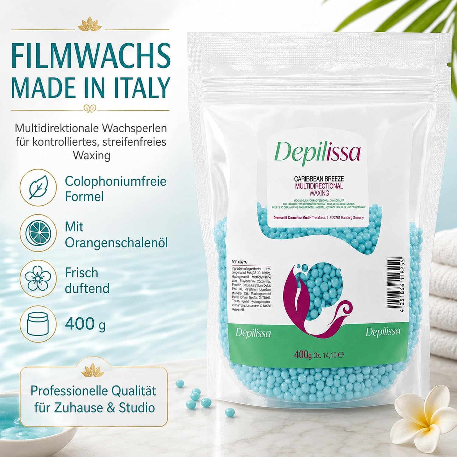 Depilissa Wachsperlen Caribbean Breeze 400g – Professionelles Heißwachs für Haarentfernung – Stripless Waxing für Männer & Frauen – Für Gesicht, Bikini & Körper