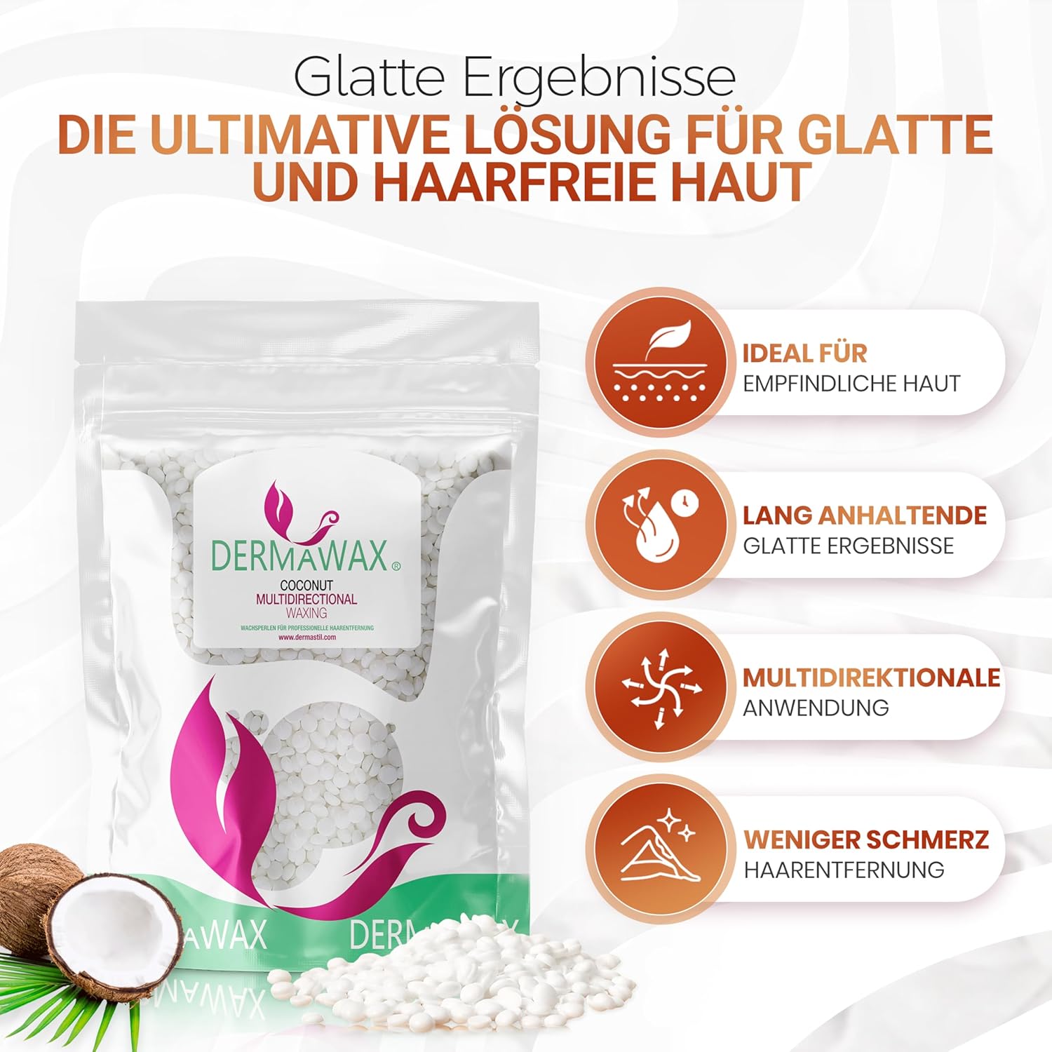 Dermawax Kokosnuss Wachsperlen – Hypoallergenes Stripless Heißwachs für Haarentfernung – Multidirektionales Waxing für Männer & Frauen – Für Gesicht, Bikini & Intimbereich