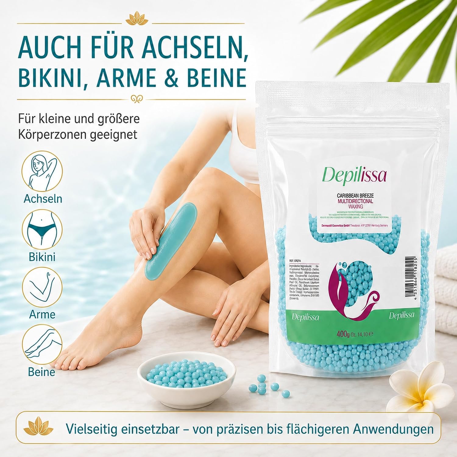Depilissa – Perlas de Cera Depilatoria Caribbean Breeze – 400 g – Cera Caliente Profesional Sin Bandas – Depilación para Rostro – Bikini – Cuerpo