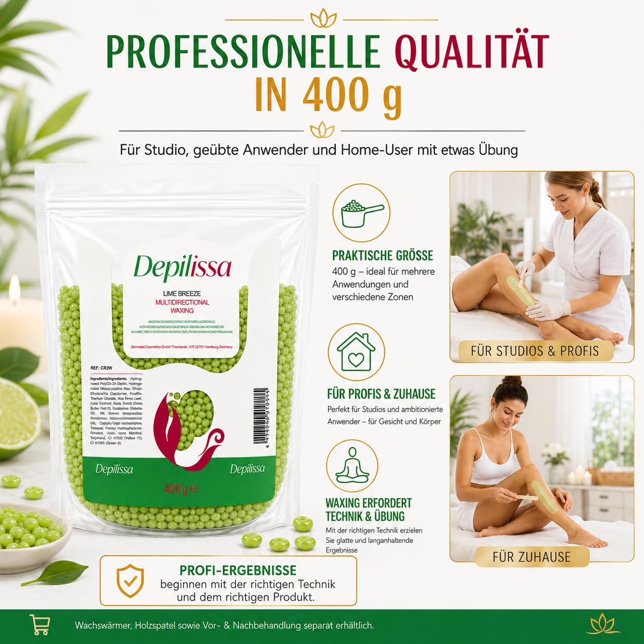 Depilissa – Perlas de Cera Depilatoria Lime Breeze – 400 g – Cera Caliente Profesional Sin Bandas – Depilación para Rostro – Bikini – Cuerpo