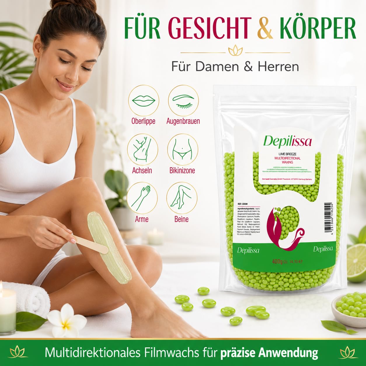 Depilissa – Perlas de Cera Depilatoria Lime Breeze – 400 g – Cera Caliente Profesional Sin Bandas – Depilación para Rostro – Bikini – Cuerpo