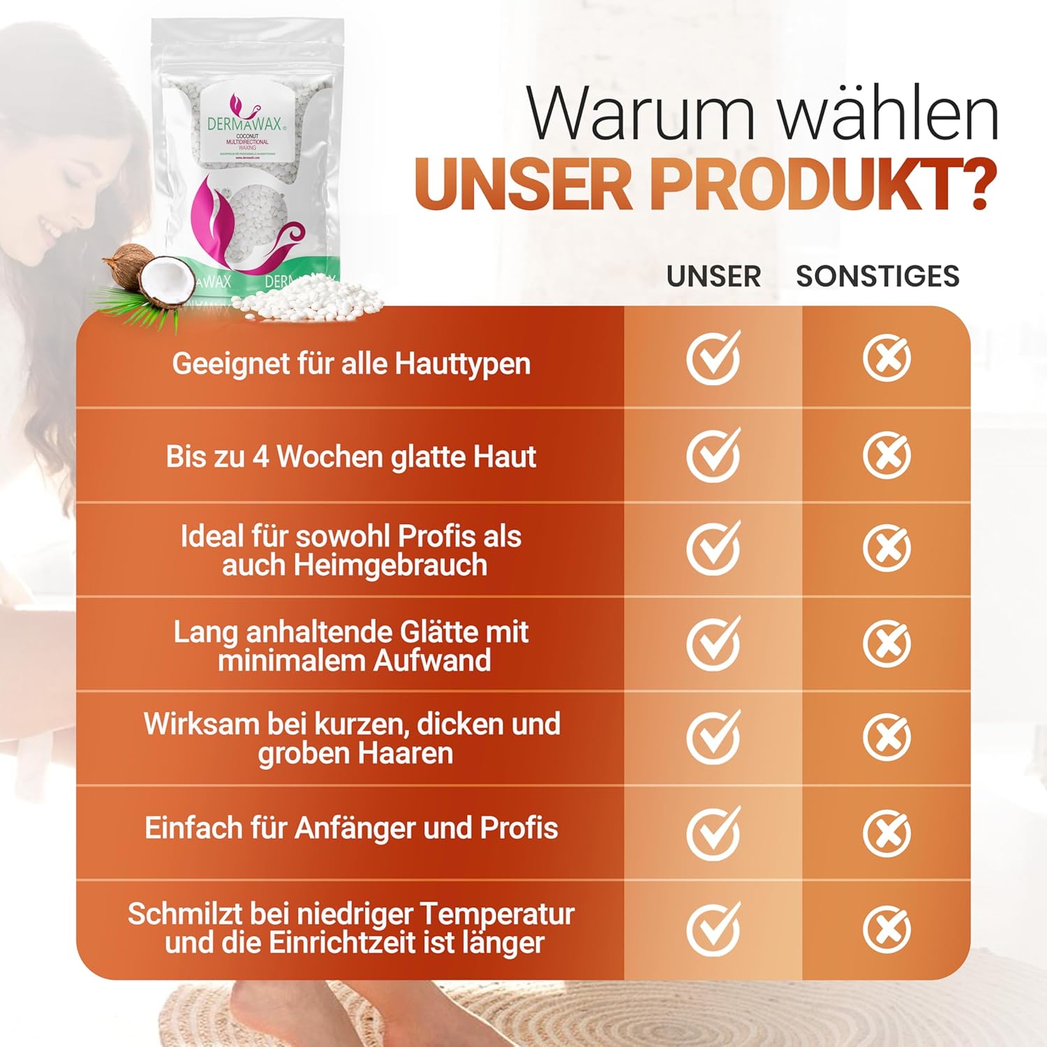 Dermawax Kokosnuss Wachsperlen – Hypoallergenes Stripless Heißwachs für Haarentfernung – Multidirektionales Waxing für Männer & Frauen – Für Gesicht, Bikini & Intimbereich