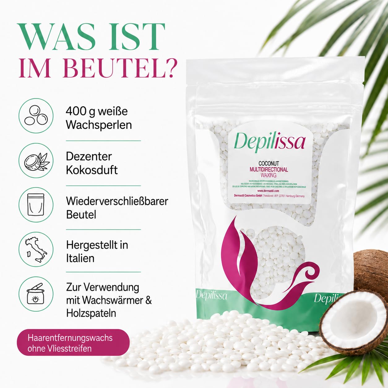 Depilissa – Perlas de Cera Depilatoria Coconut – 400 g – Cera Caliente Vegana Hipoalergénica – Depilación Multidireccional Sin Bandas – Rostro – Bikini – Zona Íntima