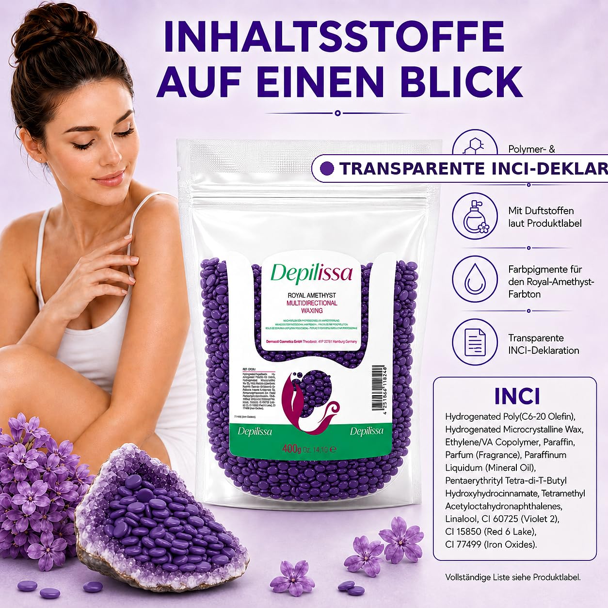 Depilissa – Perlas de Cera Depilatoria Royal Amethyst – 400 g – Cera Caliente Profesional Sin Bandas – Depilación para Rostro – Bikini – Cuerpo