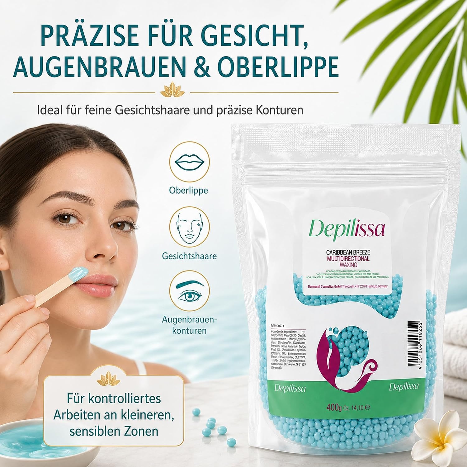 Depilissa – Perlas de Cera Depilatoria Caribbean Breeze – 400 g – Cera Caliente Profesional Sin Bandas – Depilación para Rostro – Bikini – Cuerpo