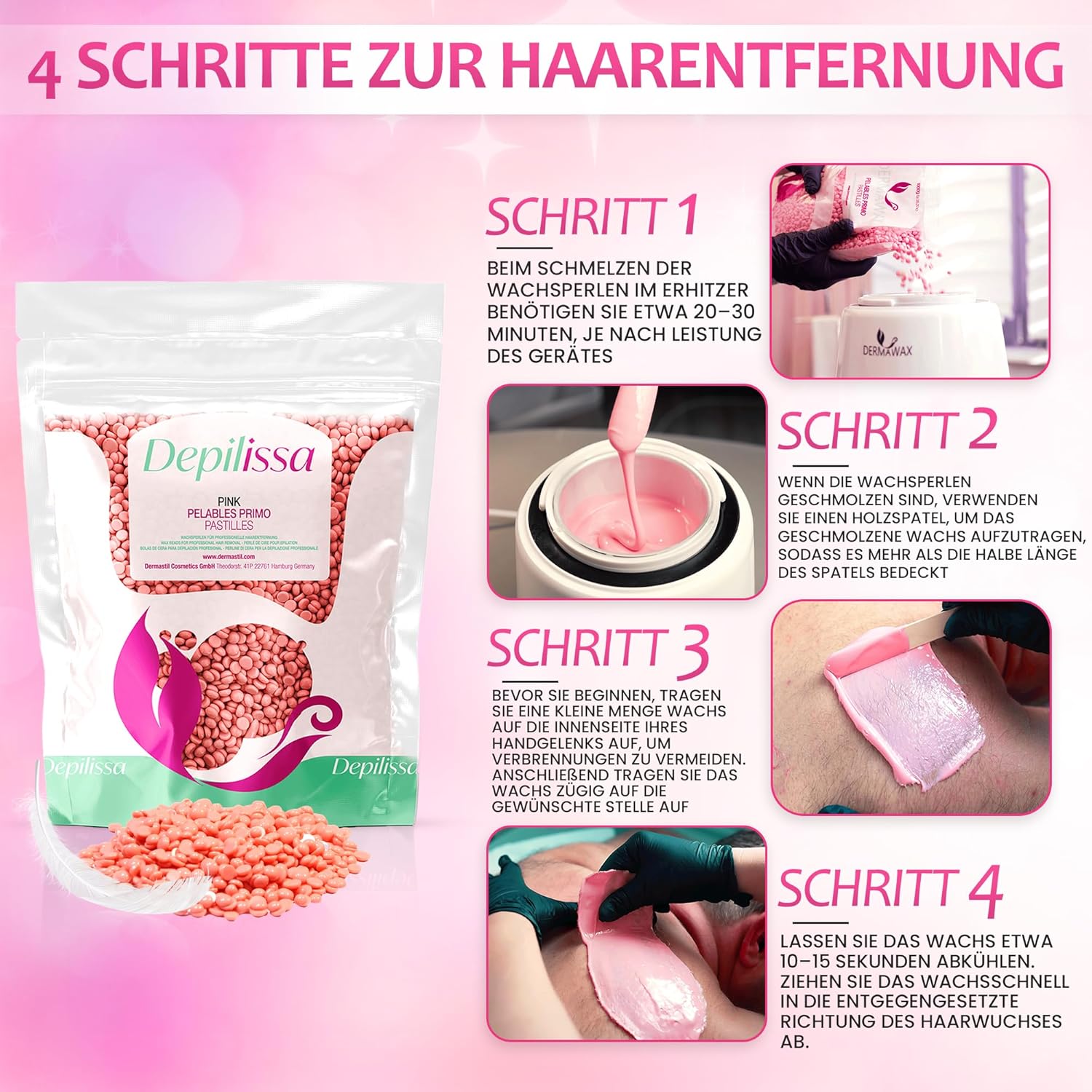 Depilissa – Perlas de Cera Depilatoria Pink – 400 g – Cera Caliente Profesional TIO2 – Depilación Sin Bandas – Rostro – Cuerpo – Bikini