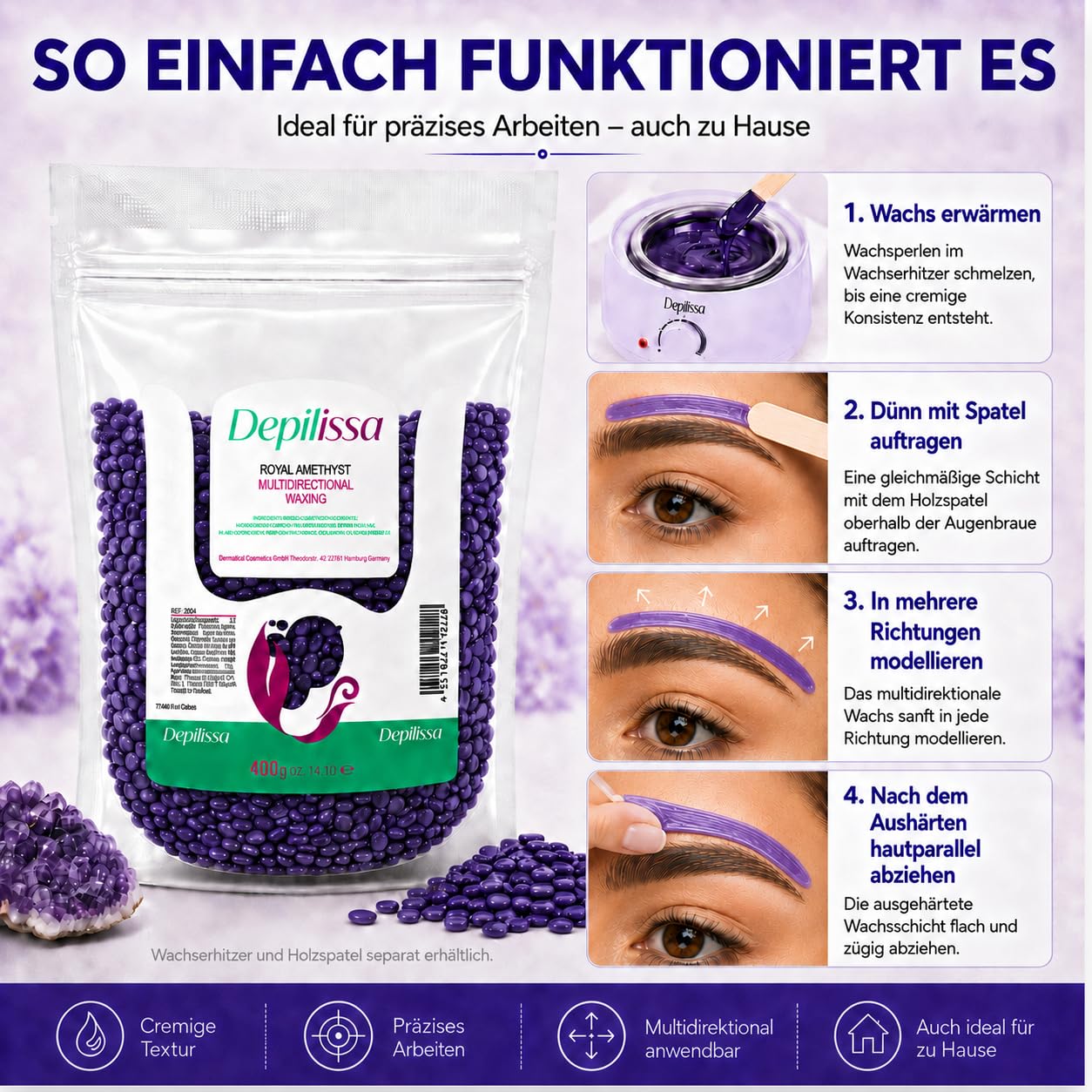 Depilissa – Perlas de Cera Depilatoria Royal Amethyst – 400 g – Cera Caliente Profesional Sin Bandas – Depilación para Rostro – Bikini – Cuerpo