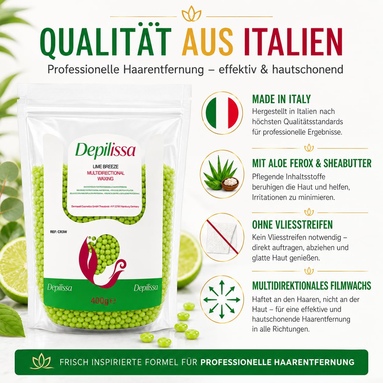 Depilissa – Perlas de Cera Depilatoria Lime Breeze – 400 g – Cera Caliente Profesional Sin Bandas – Depilación para Rostro – Bikini – Cuerpo
