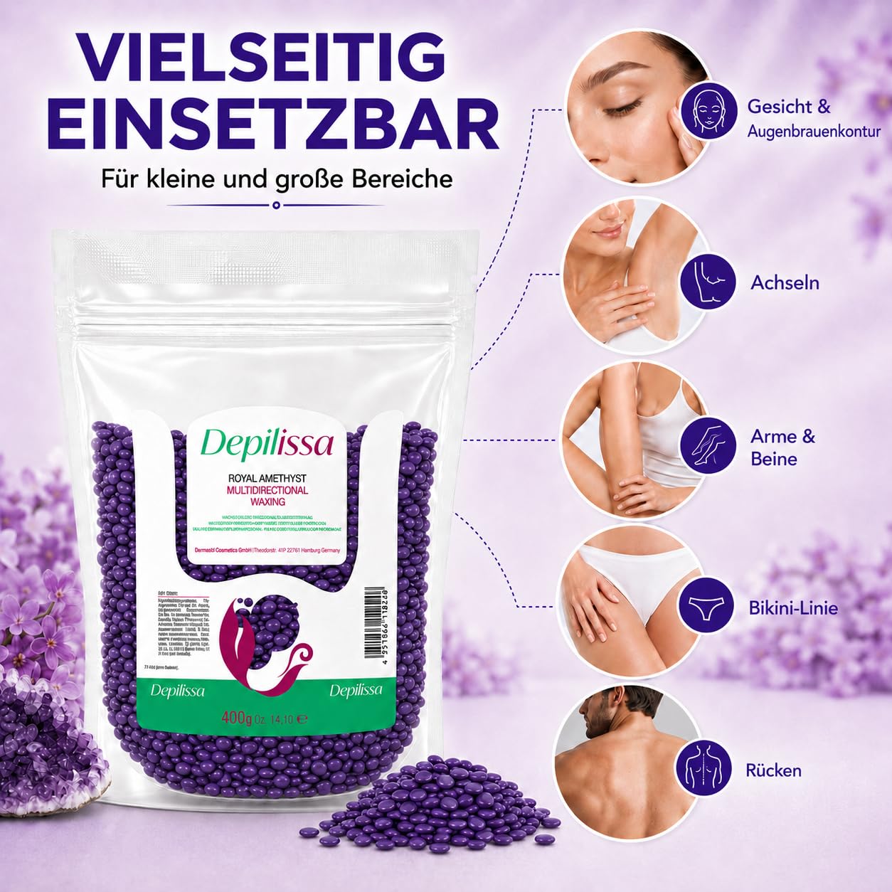 Depilissa – Perlas de Cera Depilatoria Royal Amethyst – 400 g – Cera Caliente Profesional Sin Bandas – Depilación para Rostro – Bikini – Cuerpo