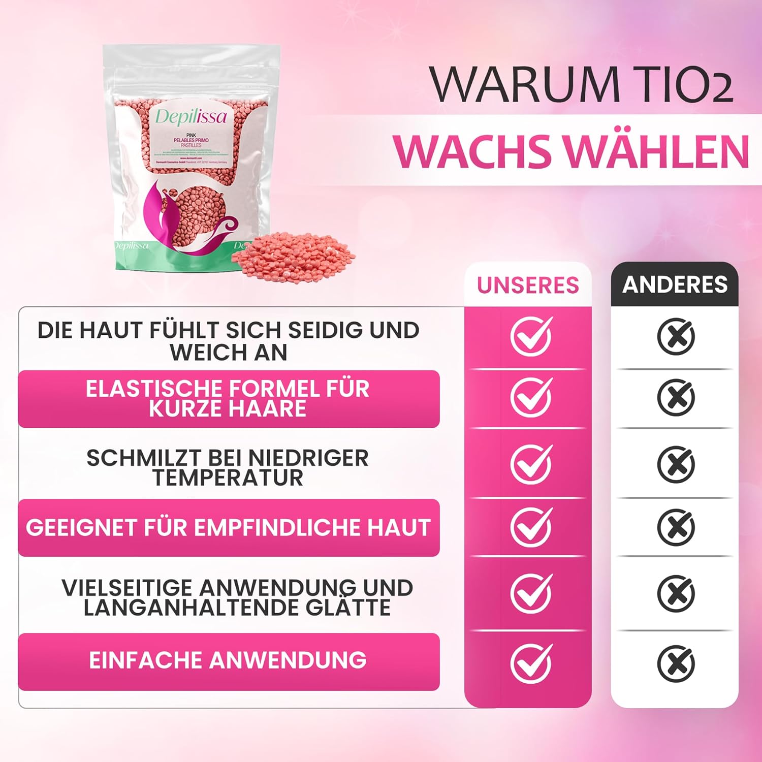 Depilissa – Perlas de Cera Depilatoria Pink – 400 g – Cera Caliente Profesional TIO2 – Depilación Sin Bandas – Rostro – Cuerpo – Bikini