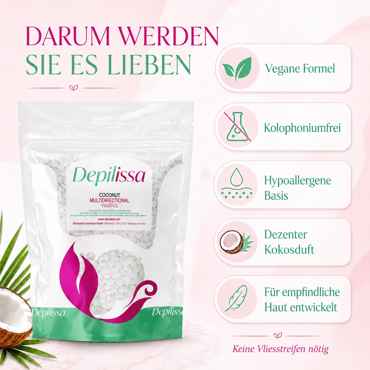 Depilissa – Perlas de Cera Depilatoria Coconut – 400 g – Cera Caliente Vegana Hipoalergénica – Depilación Multidireccional Sin Bandas – Rostro – Bikini – Zona Íntima